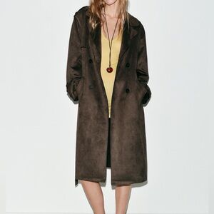 Zara Suede Brown Trench Blazer Long Button Coat Size Small
